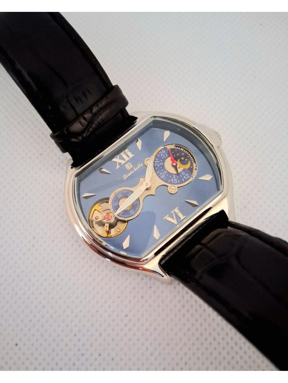SUPER RARE Louis Bolle Pioneer II Men's Automatic Skeleton 44mm Moon Phase Watch